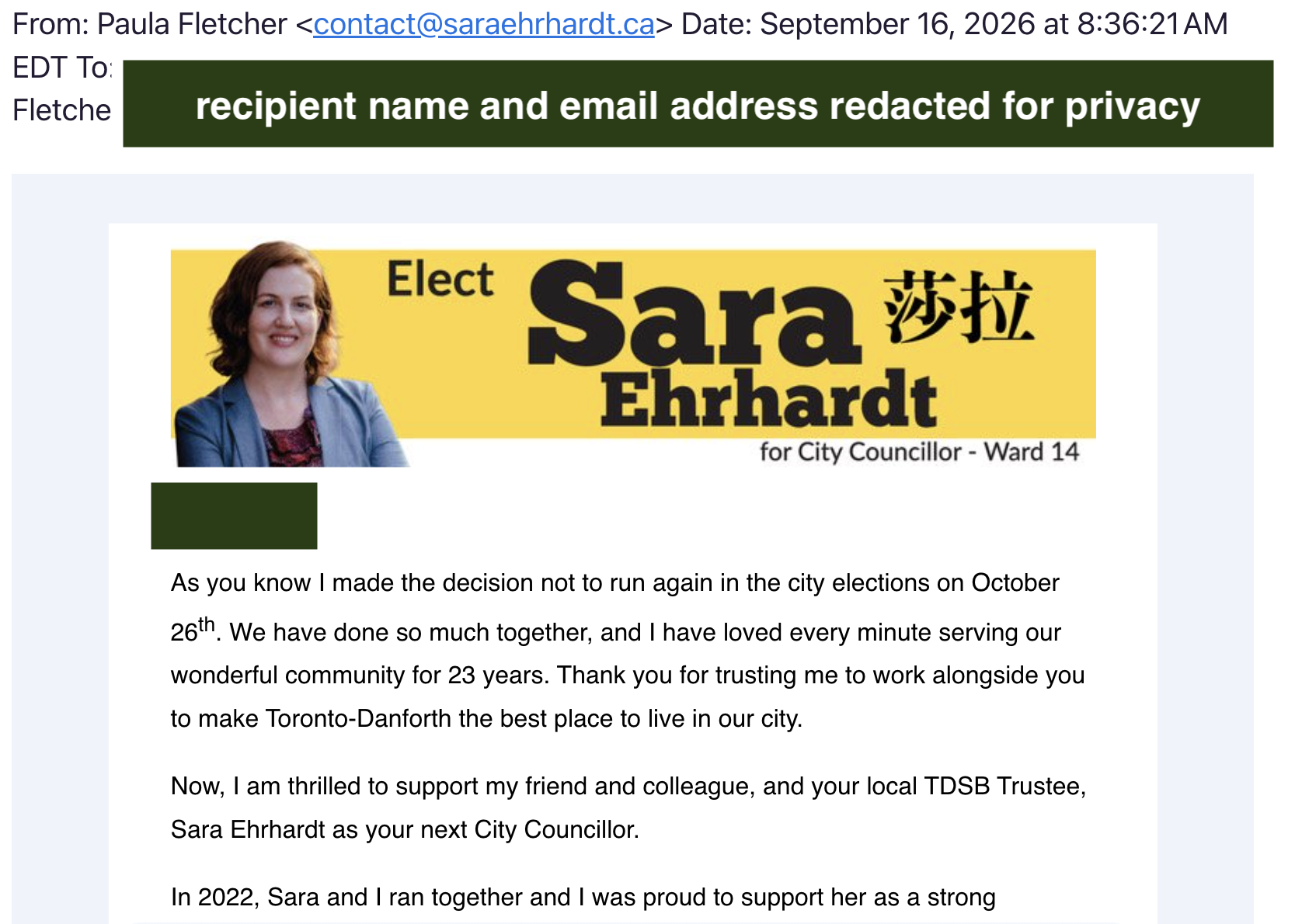 a screenshot of the email Paula Fletcher sent using Sara Ehrhardt's email account